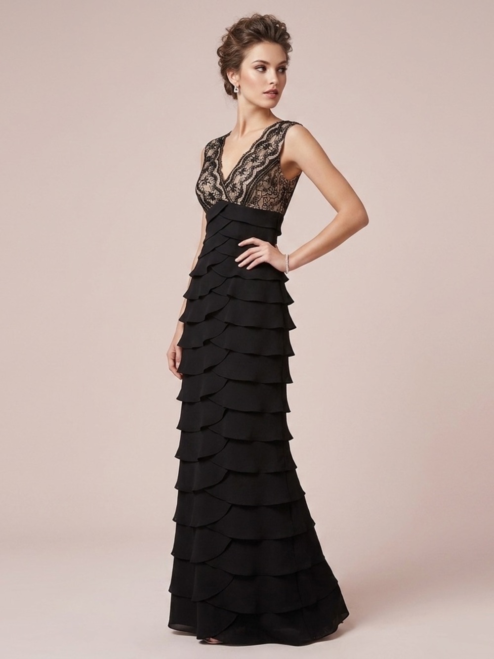 Jessica Howard Black Lace V-Neck Tiered Maxi Gown Size 12